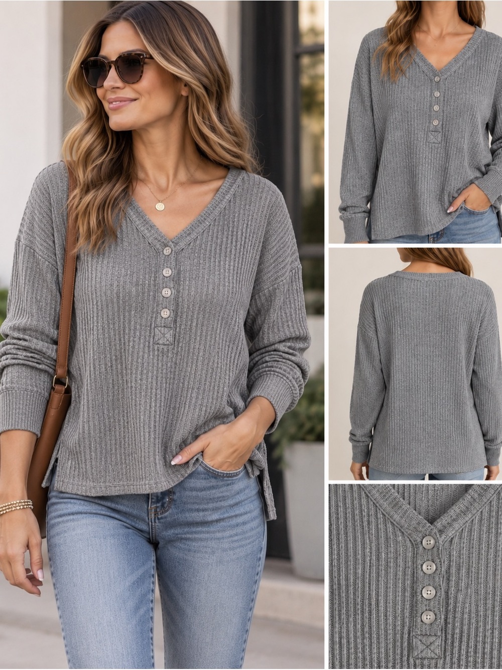 American Eagle Outfitters Women's Gray Waffle V-Neck Henley